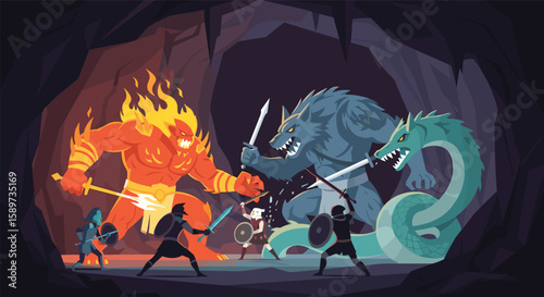 Epic fantasy battle inside a dark cave with mythical creatures and valiant warriors clashing in a fierce confrontation