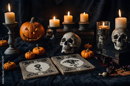 Stylish Halloween Flat Lay with Skulls, Black Roses, Candles, Spell Book, and Tarot Cards on Dark Velvet