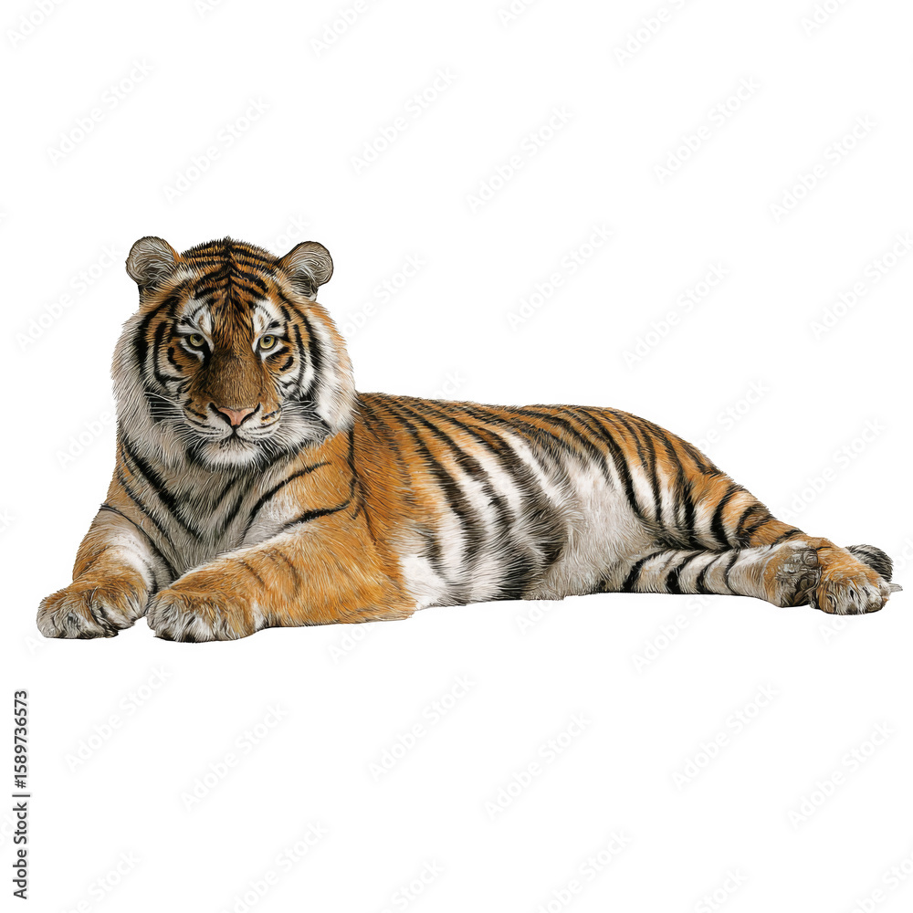 Obraz premium Majestic Tiger Lying Down on White Background in Full Body View