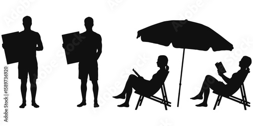 Vector art of silhouettes of people relaxing on the beach, reading under an umbrella, and holding signs create a summery vacation scene