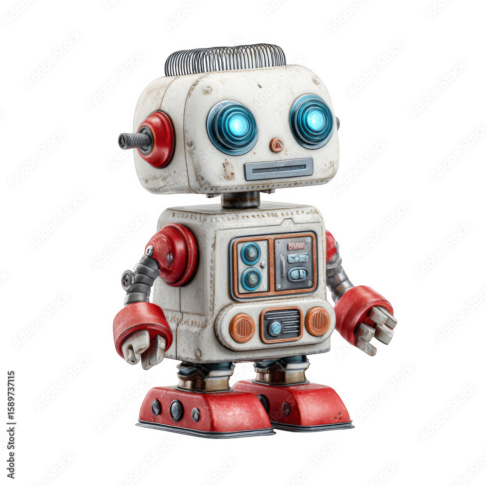 Fototapeta premium Vintage Toy Robot with Retro Design and Bright Eyes Isolated on White Background for Creative Projects