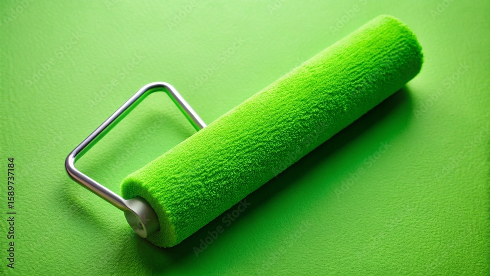 Obraz premium A versatile painting tool, a green paint roller lies ready for work on a vibrant green or clean white wall, ideal for home improvement and interior renovation projects