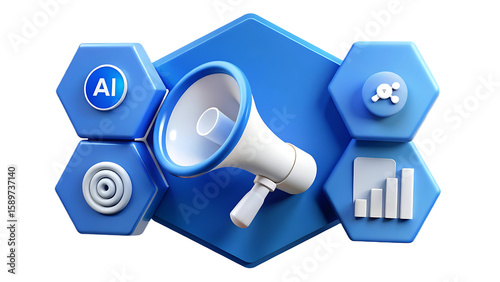 Futuristic blue hexagonal interface with a white megaphone symbolizing ai powered communication data analysis and strategic business promotion