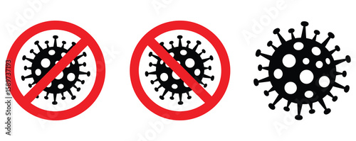 Vector art of coronavirus symbols, including a prohibition sign, are displayed on a white background, representing the pandemic and its prevention