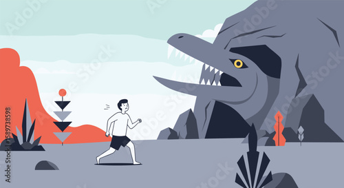 A terrifying monster emerges from a rocky cave chasing a fleeing man through a desolate landscape