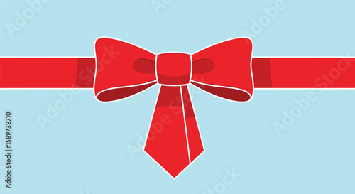 A vibrant red ribbon bow adorns a light blue background creating a festive and celebratory presentation element