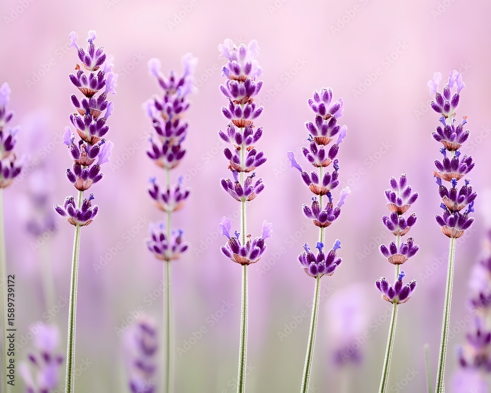 Naklejka premium Closeup Purple Lavender Flowers Field Soft Blur Background