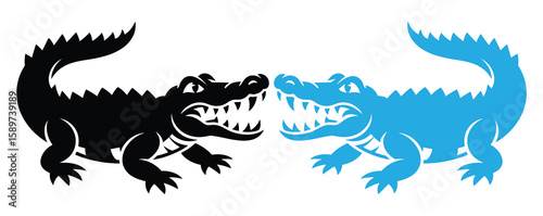Vector art of two alligators, one black and one blue, are isolated on white background, showcasing their ferocious teeth and powerful jaws