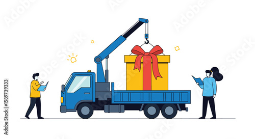 Illustrating a special delivery with a crane lifting a large gift box onto a truck with people supervising the operation