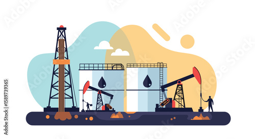 Illustration of industrial oil extraction and storage facility with pumping jacks and drilling rig in operation