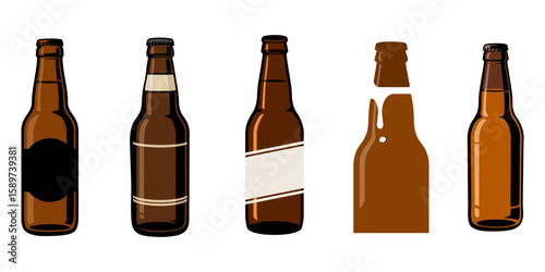 Silhouette of beer bottle on white background, minimalist design, Collection of beer bottle vector silhouette icons, wine bottle silhouette set, Black & White silhouette set, beer bottle set woodcut