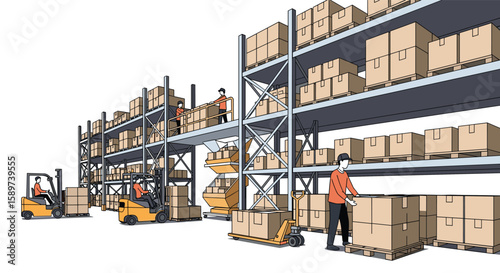 Workers and forklifts organize vast quantities of merchandise on tall shelving units in a busy warehouse distribution center