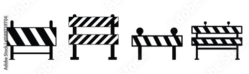 Vector art of four black and white striped barriers, used for construction and safety, isolated on white background