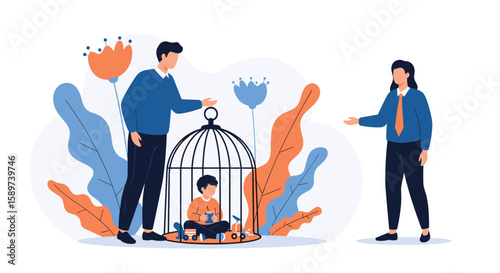 Parents protect child trapped inside cage from danger symbolizing parental concern and safety
