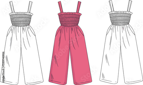 Stylish Smocked Bodice Jumpsuit Flat Lay Design, Fashionable Women's Apparel Template, Trendy Pink and Blank White Wide Leg Romper for Summer Fashion.