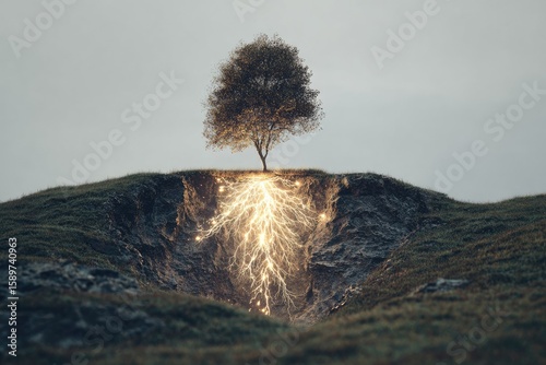 Illuminated tree roots emerging from a hill