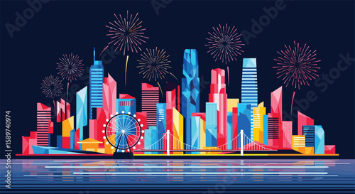 Vibrant cityscape with fireworks and ferris wheel celebrating urban development and festive atmosphere