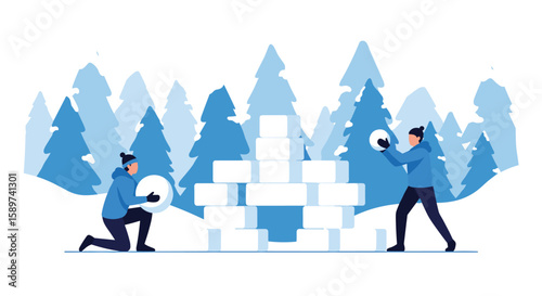 Two people building a snow fort in a winter forest surrounded by trees throwing snowballs