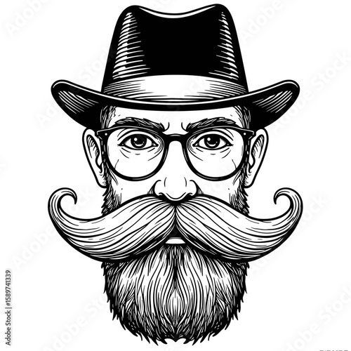Illustrated portrait of a bearded man with glasses and a hat  