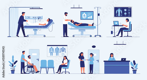 Modern medical facility scenes showing patient care and hospital operations