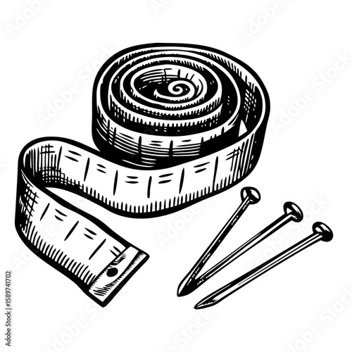 Measuring tape and nails in an engraving style, illustrating tools for building or construction. This measuring tape and nails setup shows precision and handcraft.