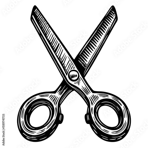 Scissors depicted in monochrome engraving. Open scissors for cutting and trimming in hand-drawn style provides classic, elegant detail.