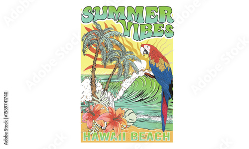 Palm tree artwork. Tropical paradise. Macaw paradise artwork. Tropical vibes t shirt artwork. Amazing brasil. Copacabana beach art.