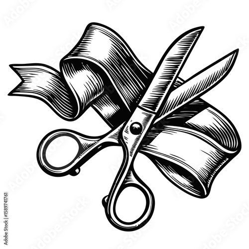 Scissors and fabric in vintage engraving style, perfect for designs requiring a hand drawn look. Scissors cutting fabric ribbon in retro engraved drawing are shown.