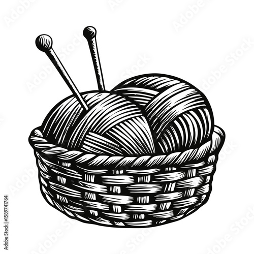Wool skein in basket with knitting needles for a cozy craft project in hand-drawn engraving style. Wool skein in basket illustration shows crafting materials, including wool balls, knitting needles.