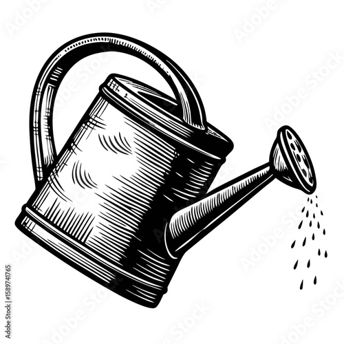 Watering can with droplets in hand-drawn engraving style, showing care for plants with droplets. Watering can, drawn with attention to detail, offers an excellent visual for gardening projects.