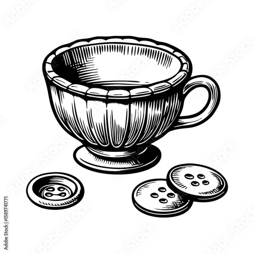 Teacup and buttons in hand-drawn engraving style for vintage charm. Intricate details showcase teacup, with buttons scattered around, creating delightful scene.