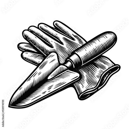 Hand-drawn engraving featuring trowel and gloves, essential gardening tools for planting and cultivation tasks. Trowel and gloves are presented with fine engraving details.