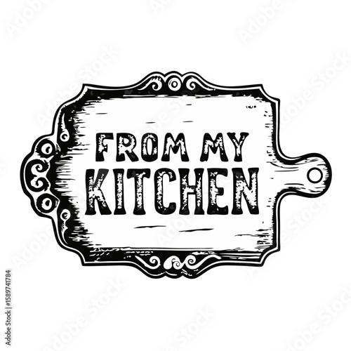 From my kitchen illustration with vintage wooden cutting board and decorative border. From my kitchen features prominently, evoking a homemade cooking feel, perfect for personalized meals.