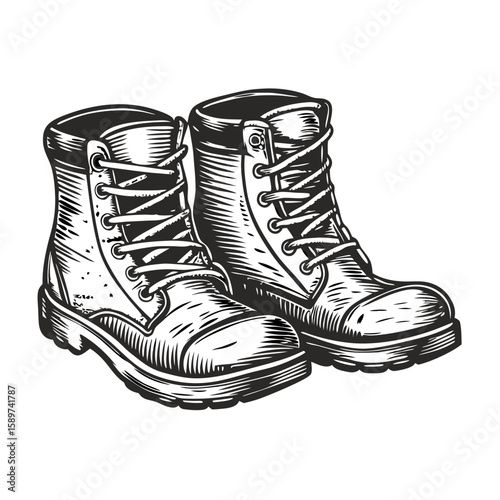 Pair of vintage style boots, work boots illustration with classic shoelaces. These sturdy work boots are depicted in detailed engraving style.