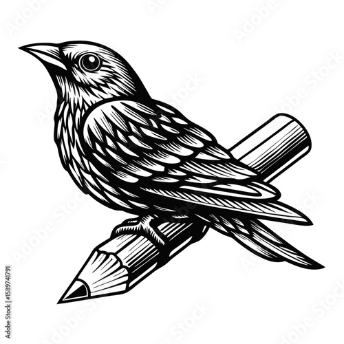 Bird on pencil in monochrome engraving, detailed bird sitting on a pencil, artistic hand-drawn engraving. Bird on pencil design illustrating avian perch, writing tool, and artistic creation.