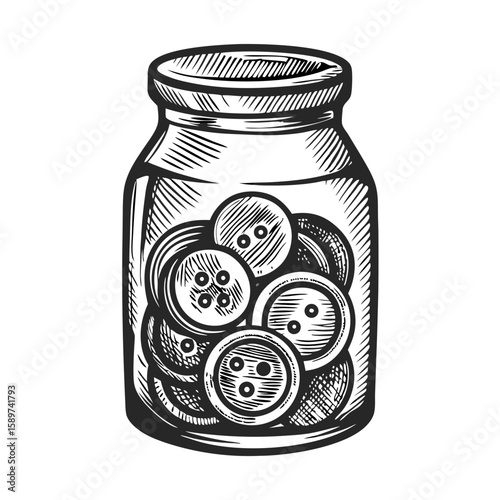 Button jar sketch with assorted vintage sewing buttons inside glass mason jar. Button jar sketch includes handcrafted items, clothing accessories, and traditional dressmaking tools.