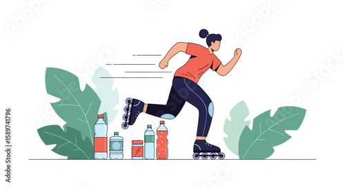 Active person on roller skates enjoying outdoor recreation surrounded by refreshing drinks and lush greenery