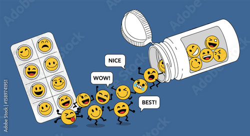A prescription for happiness joyful emoticon faces escaping a pill bottle unleashing a cascade of laughter and delightful expressions