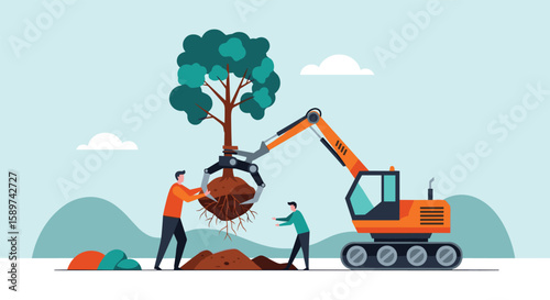 Heavy machinery assistance in large scale tree transplanting operations by skilled workers ensuring environmental preservation and urban greening initiatives