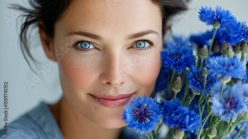 Mature Natural Woman in Her 40s, 50s with Cornflowers, Slow Aging Beauty and Natural Skincare, Calm Healthy Lifestyle Portrait with Blue Wildflowers, Self-Care Concept.