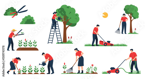 Seasonal garden maintenance activities performed by people in a backyard setting showing various tasks