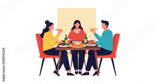 Three friends enjoying a delicious pizza dinner together at a table with drinks and appetizers