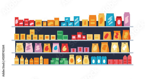 Abundant assortment of packaged food items displayed on store shelves creating a colorful and organized retail environment for shoppers