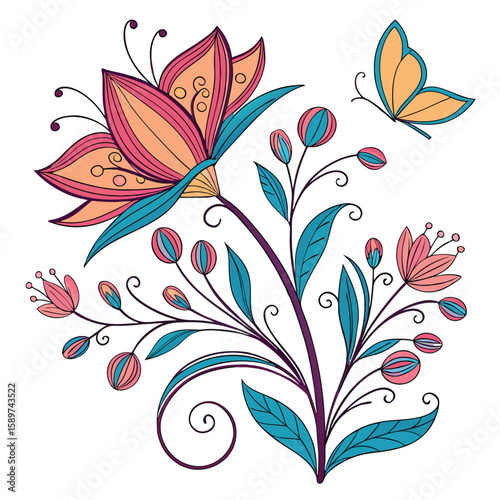 Whimsical floral branch with butterfly silhouette