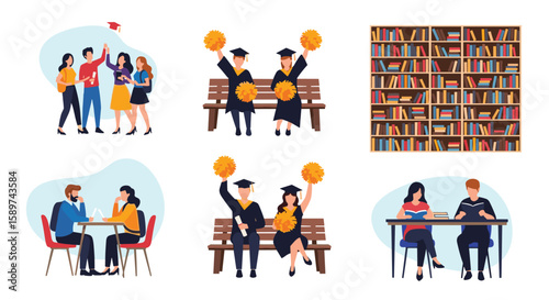Diverse students celebrating academic achievements and studying together in modern educational environments