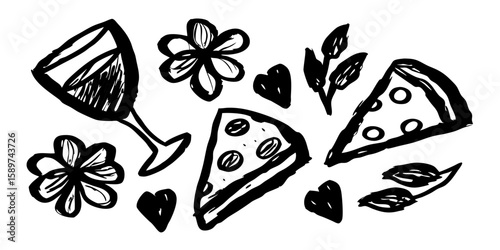 Pizza slices with wine glass and flowers in doodle style  