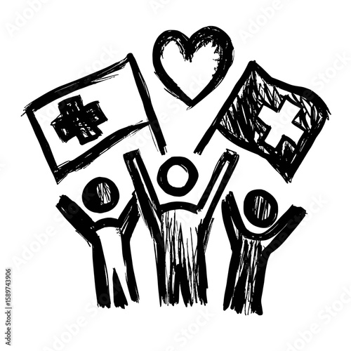 Three people holding flags with health symbols and a heart above  