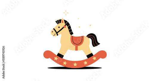 Charming wooden rocking horse toy illustration with stars and sparkles