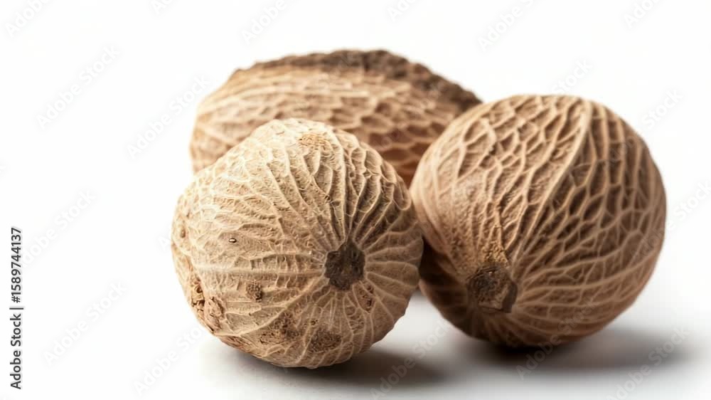Three whole nutmegs placed on a white surface, ideal for close-up photography or still life compositions Three whole nutmegs placed on a white surface, ideal for close-up photography or still life compositions