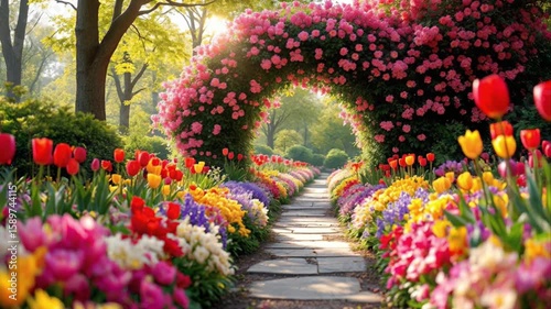 Enchanting garden path through a blooming floral archway with colorful flowers